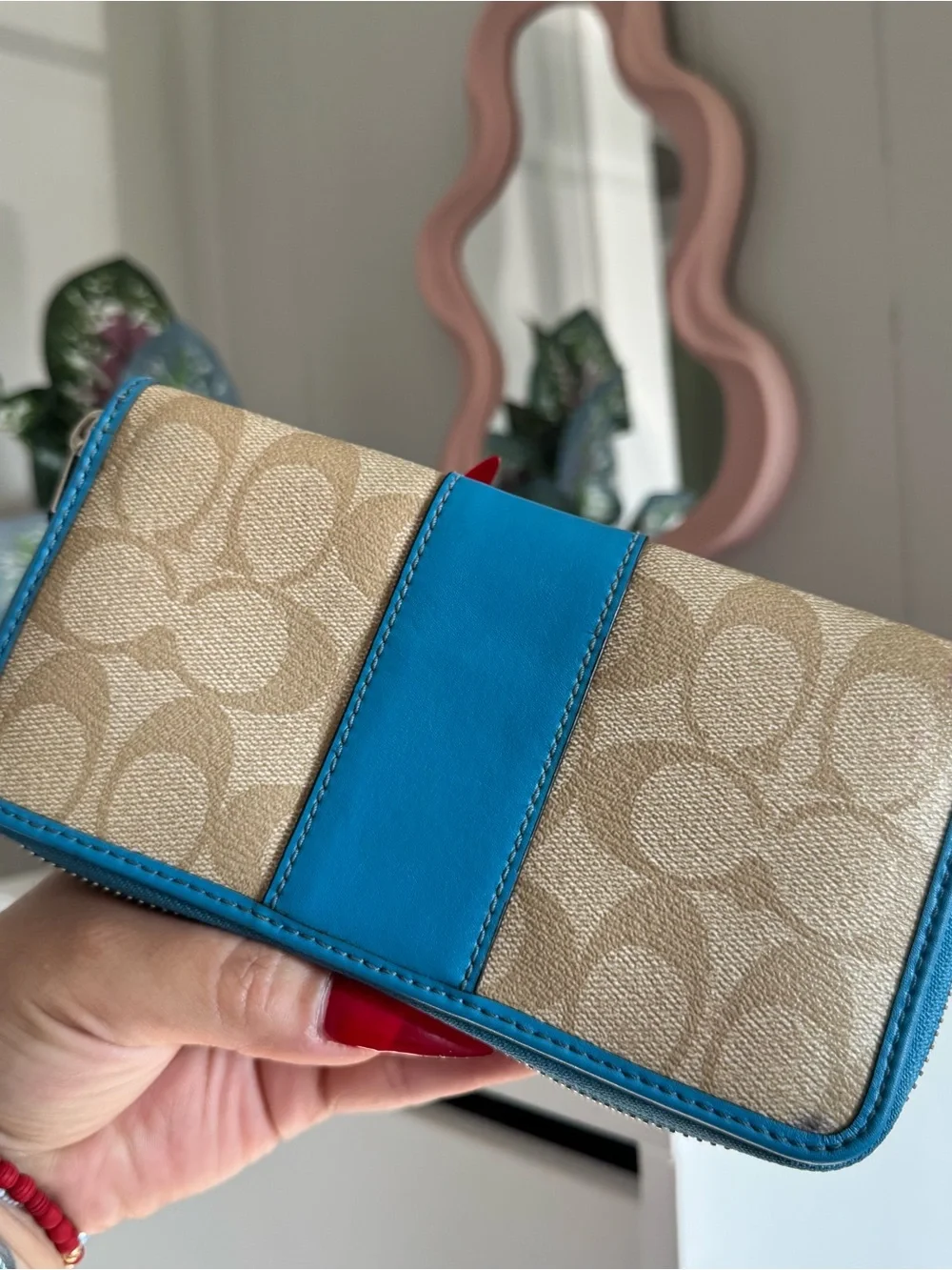 Coach Beige Signature Tote with Bright Blue Leather Trim and Matching Wallet